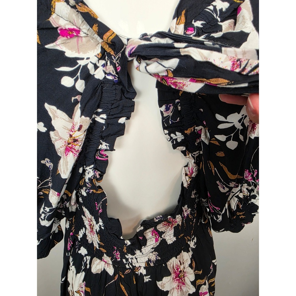 By Anthropologie Puff Sleeve Smocked Square Neck Floral Maxi Dress Tie Back M - Picture 6 of 9